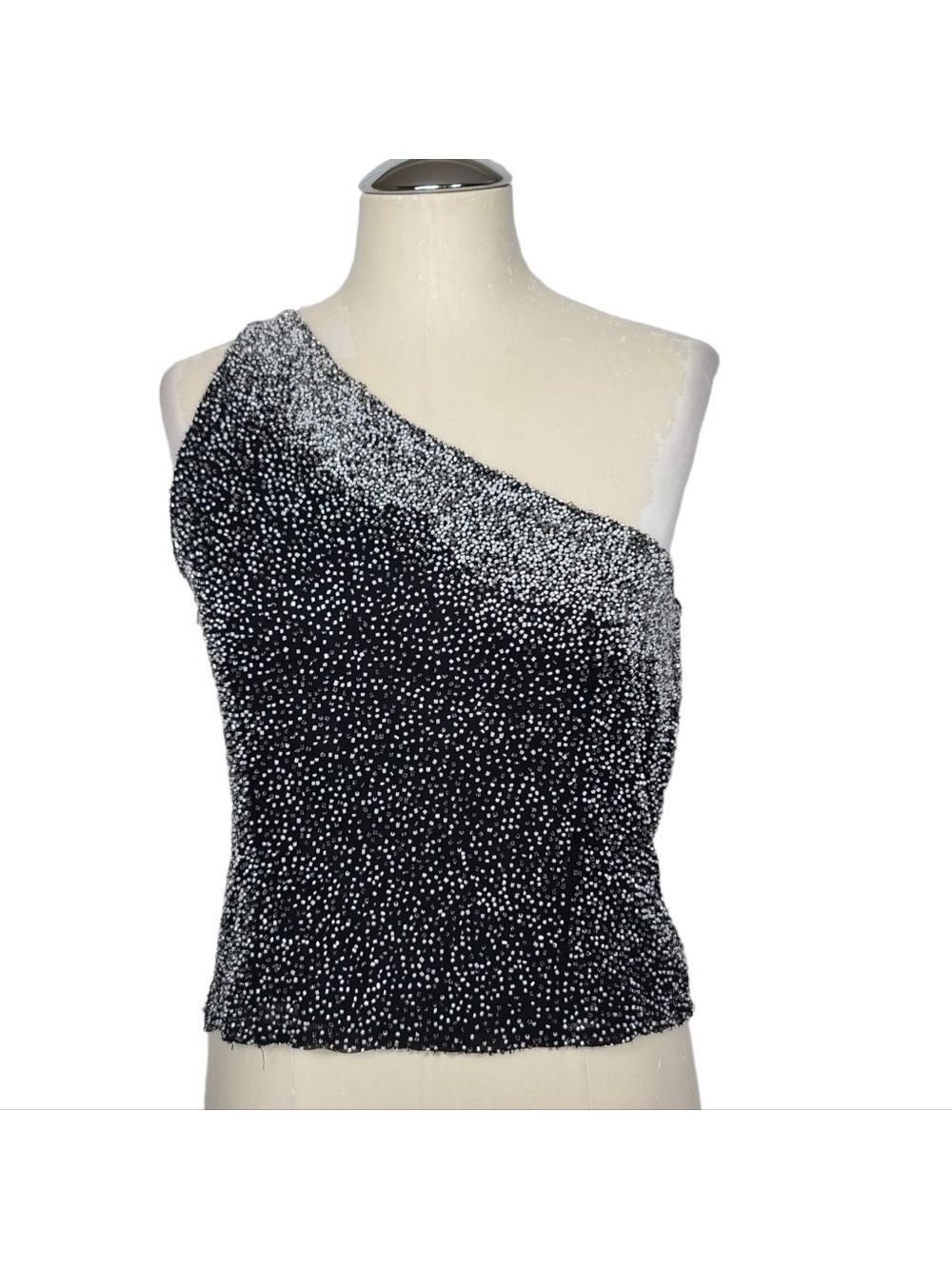 Scala One Shoulder Silk Vintage Beaded Top M